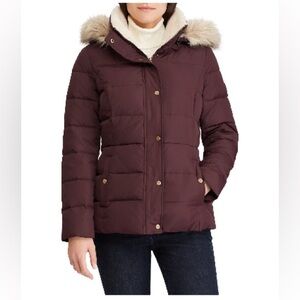 Lauren Ralph Lauren Maroon Puffer Jacket with Faux Fur Trim